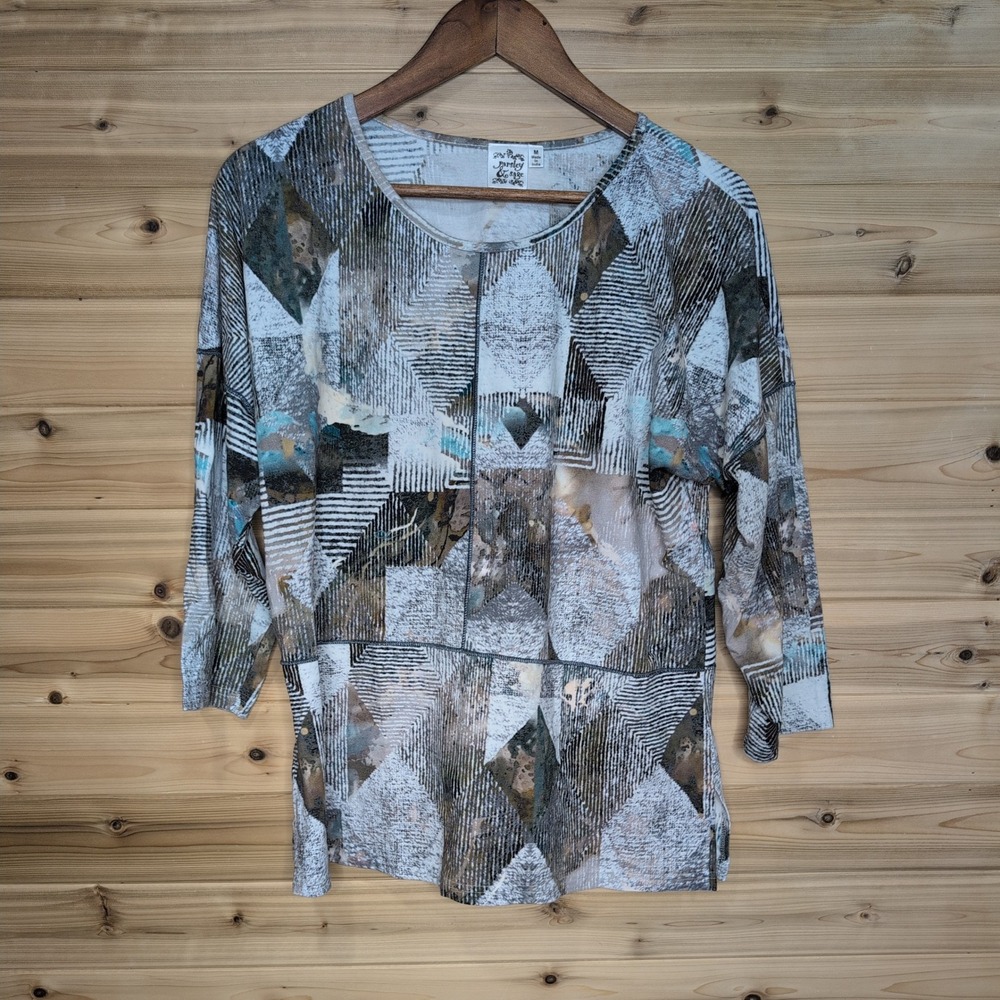 Parsley & Sage Womens Medium Abstract Geometri 3/4 Sleeve Cotton Blend Top